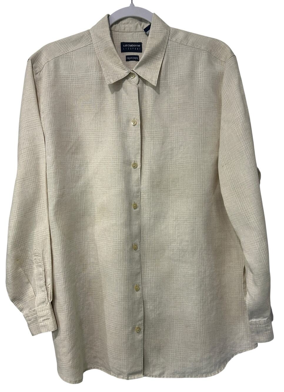 Liz Claiborne Irish Linen Button Shirt Beige Long Sleeve Career Women LG Classic